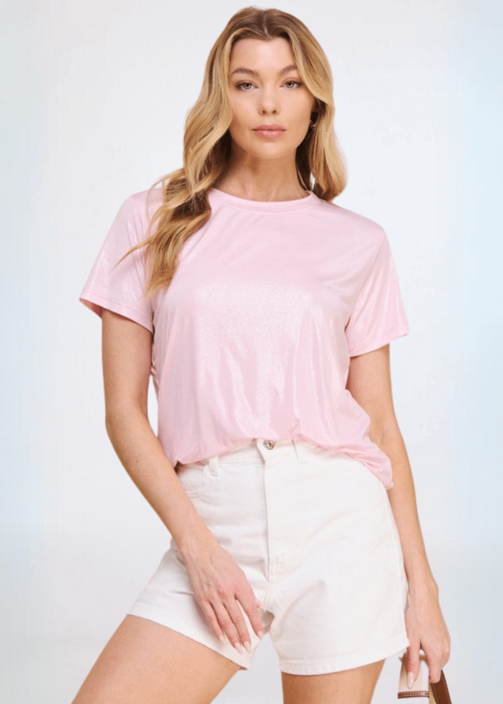USA Made Women's Shiny Foil Crew Neck Tee in Light Pink  | Classy Cozy Cool Made in America Clothing Boutique