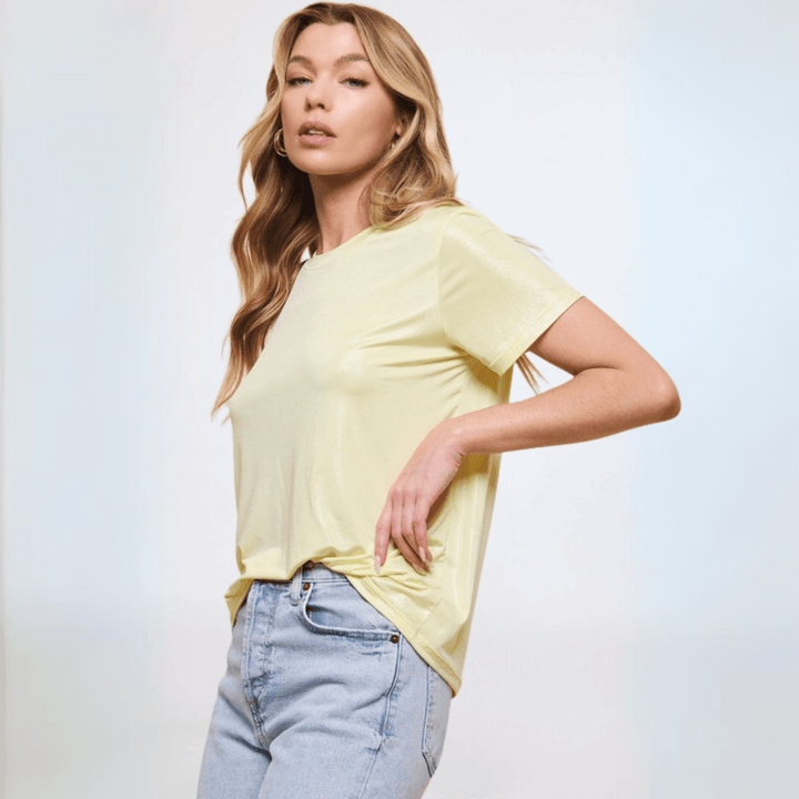 USA Made Women's Shiny Foil Crew Neck Tee in Light Yellow  | Classy Cozy Cool Made in America Clothing Boutique