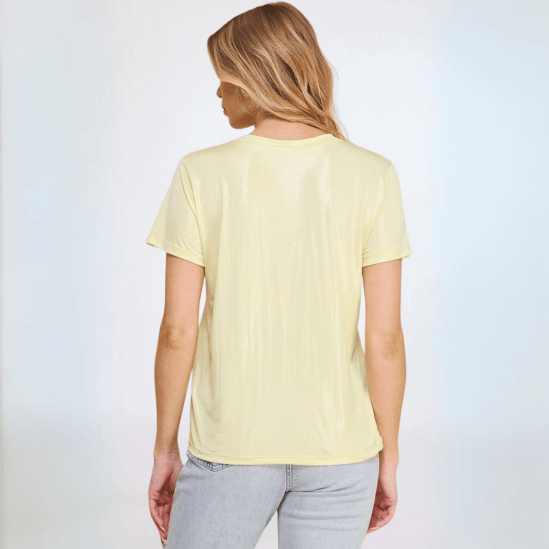 USA Made Women's Shiny Foil Crew Neck Tee in Light Yellow  | Classy Cozy Cool Made in America Clothing Boutique