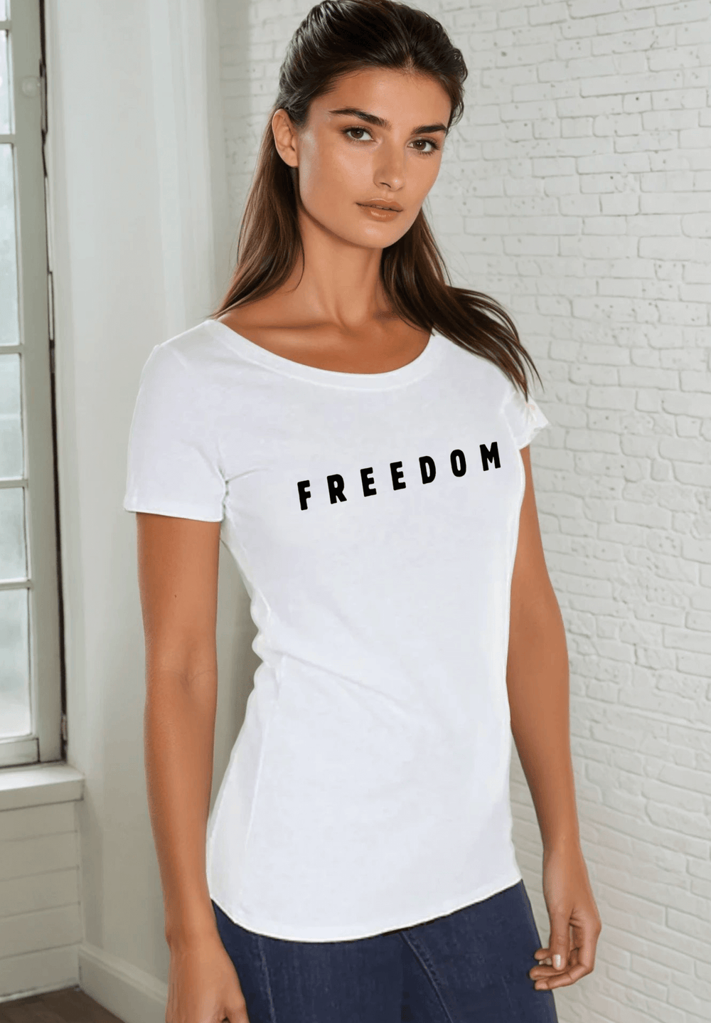 Made in USA Women's White Cotton Patriotic FREEDOM Text Graphic T-Shirt | Classy Cozy Cool Made in America Boutique