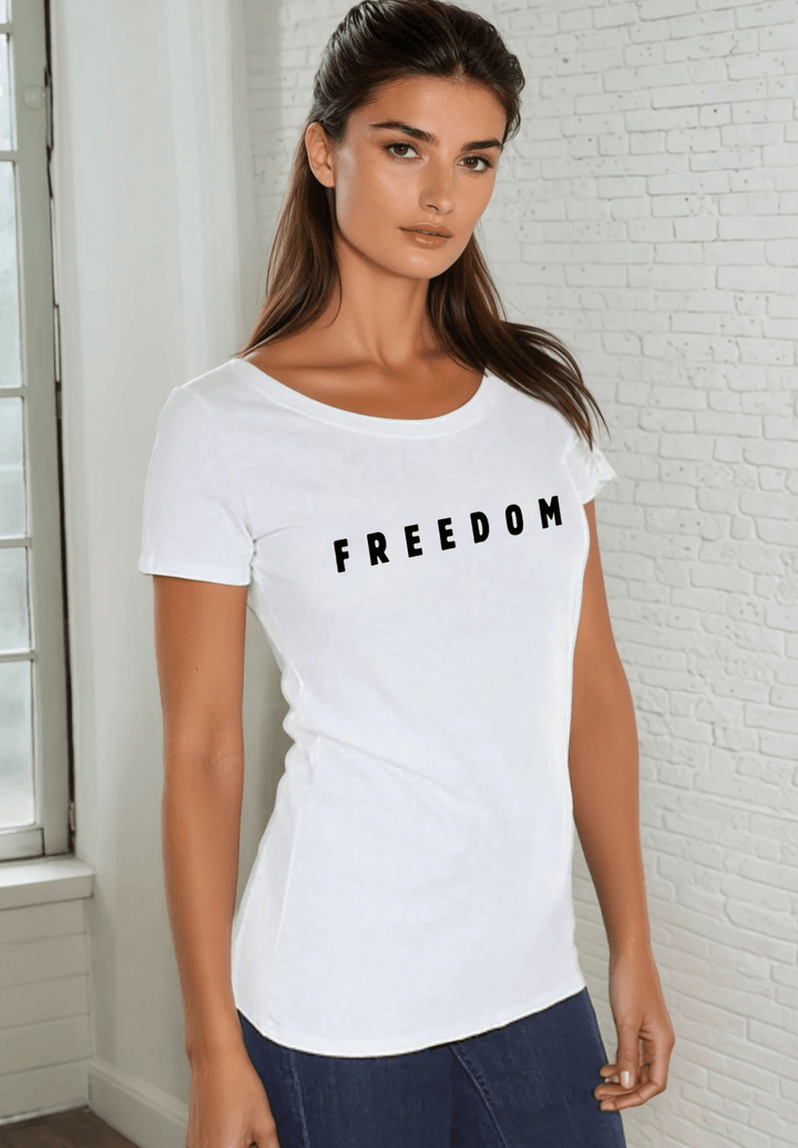 Made in USA Women's White Cotton Patriotic FREEDOM Text Graphic T-Shirt | Classy Cozy Cool Made in America Boutique