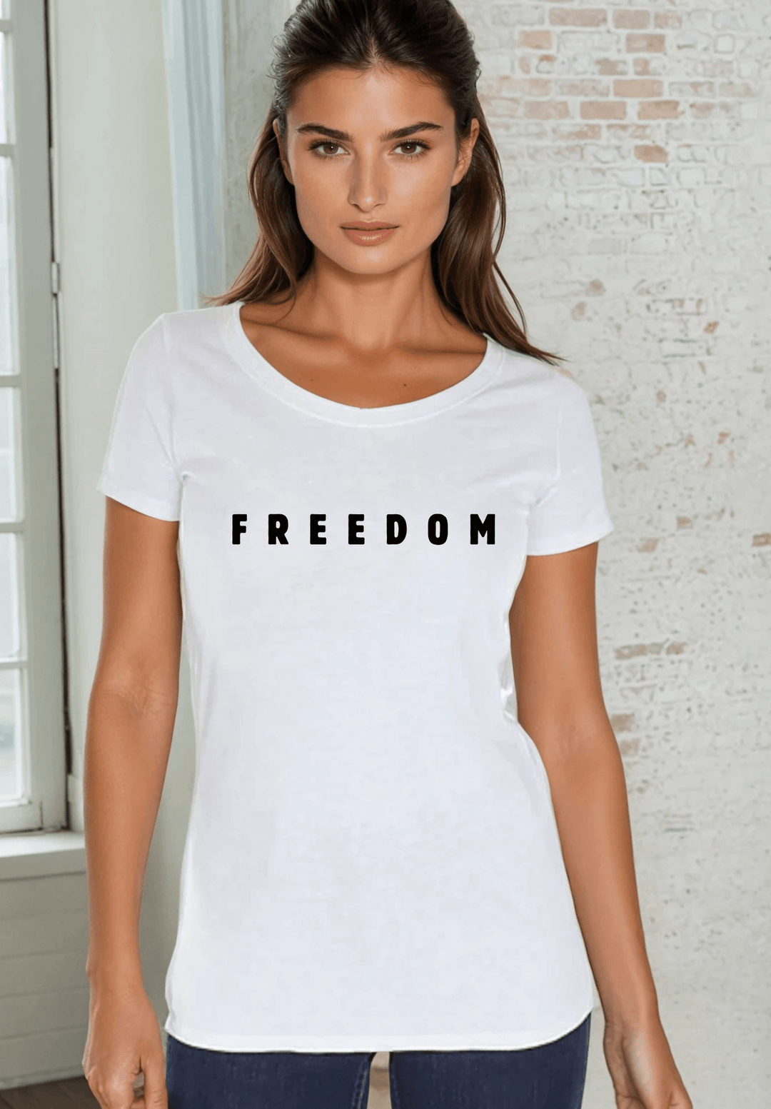 Made in USA Women's White Cotton Patriotic FREEDOM Text Graphic T-Shirt | Classy Cozy Cool Made in America Boutique