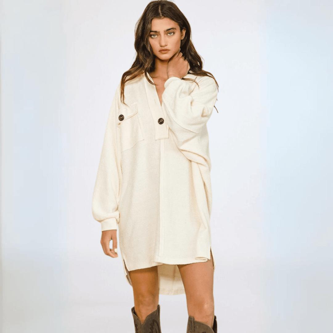 Made in USA Women's French Terry Oversized Big Collar Tunic or Mini Dress, Henley Style, Long Dolman Sleeves, Oversized | Bucket List Fashion Style D4202 | Classy Cozy Cool Made in America Boutique