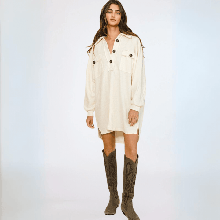 Made in USA Women's French Terry Oversized Big Collar Tunic or Mini Dress, Henley Style, Long Dolman Sleeves, Oversized | Bucket List Fashion Style D4202 | Classy Cozy Cool Made in America Boutique