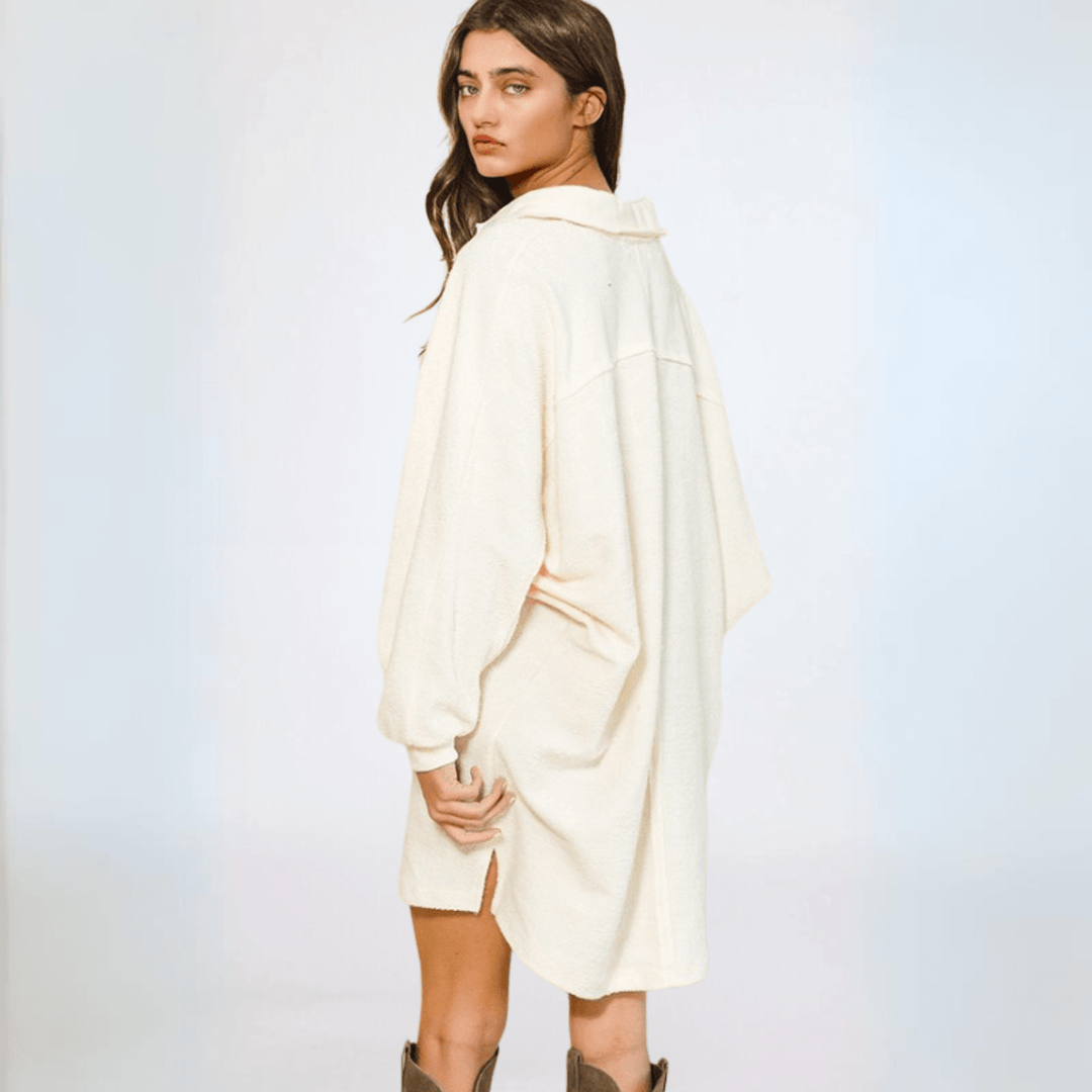 Made in USA Women's French Terry Oversized Big Collar Tunic or Mini Dress, Henley Style, Long Dolman Sleeves, Oversized | Bucket List Fashion Style D4202 | Classy Cozy Cool Made in America Boutique