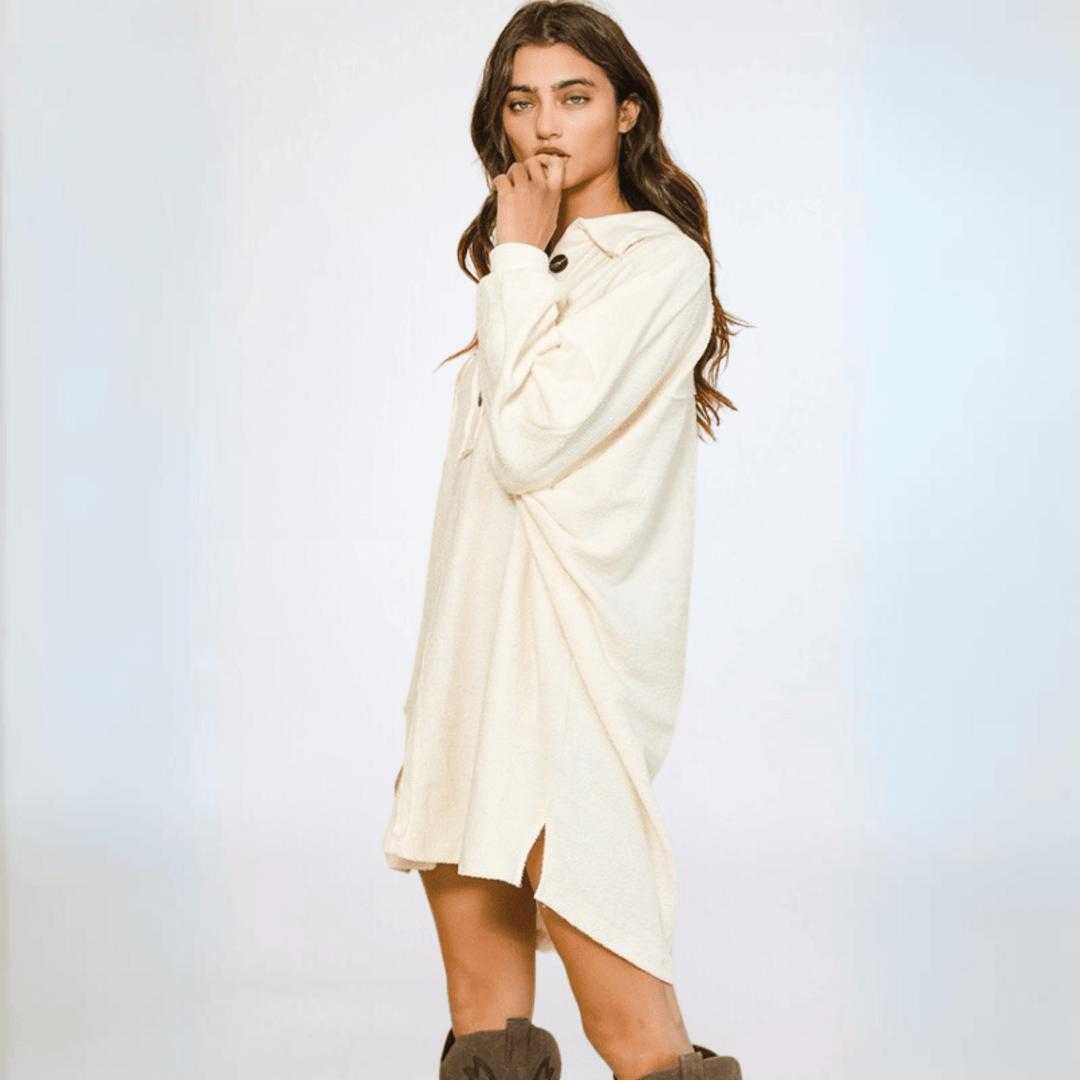 Made in USA Women's French Terry Oversized Big Collar Tunic or Mini Dress, Henley Style, Long Dolman Sleeves, Oversized | Bucket List Fashion Style D4202 | Classy Cozy Cool Made in America Boutique