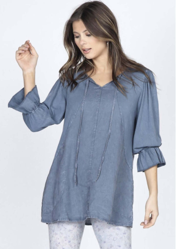 USA Made Ladies Denim Blue Cotton & Linen Ruffled Sleeve Tie Neck Tunic Superb American Quality | Classy Cozy Cool Made in America Women's Clothing Boutique 