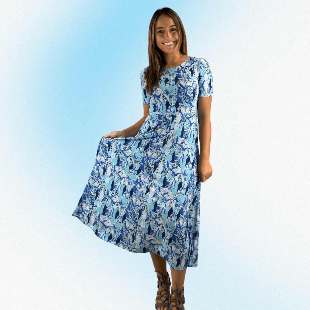 Women's Geometric Jersey Midi Dress, Short Sleeves, Round Neckline, Lightweight, A-Line Shades of Blue and White | Classy Cozy Cool Made in America Boutique