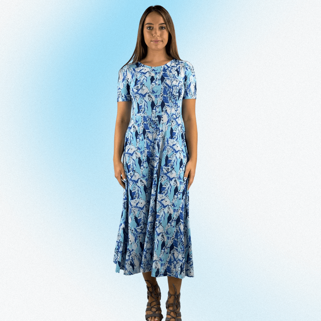 Women's Geometric Jersey Midi Dress, Short Sleeves, Round Neckline, Lightweight, A-Line Shades of Blue and White | Classy Cozy Cool Made in America Boutique