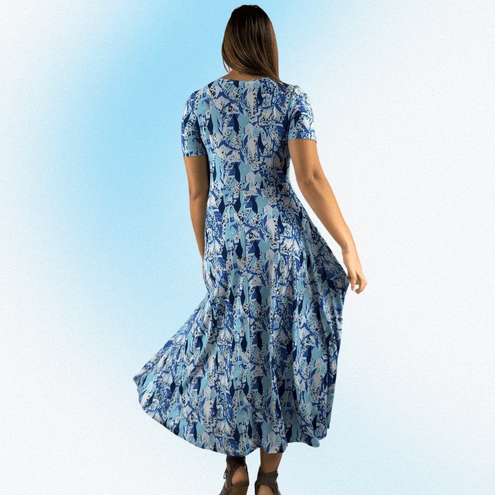 Women's Geometric Jersey Midi Dress, Short Sleeves, Round Neckline, Lightweight, A-Line Shades of Blue and White | Classy Cozy Cool Made in America Boutique