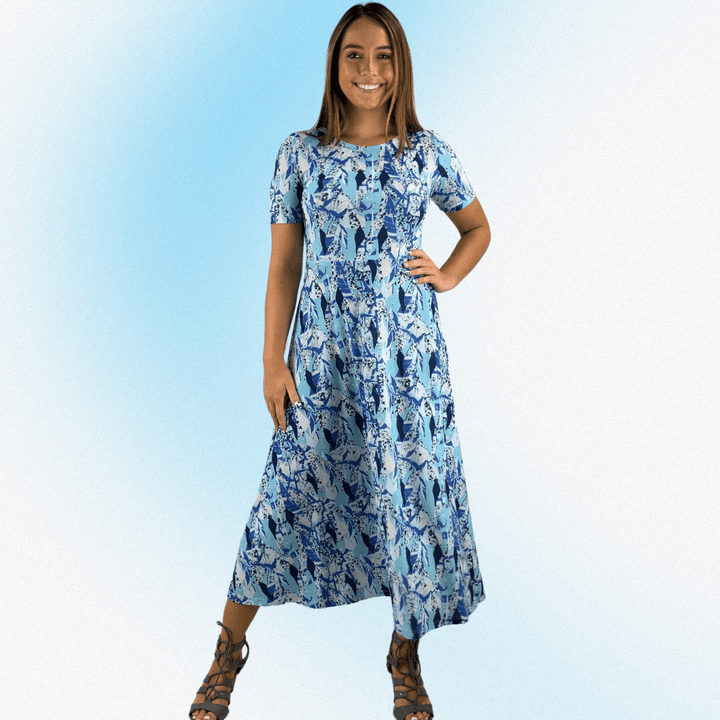 Women's Geometric Jersey Midi Dress, Short Sleeves, Round Neckline, Lightweight, A-Line Shades of Blue and White | Classy Cozy Cool Made in America Boutique