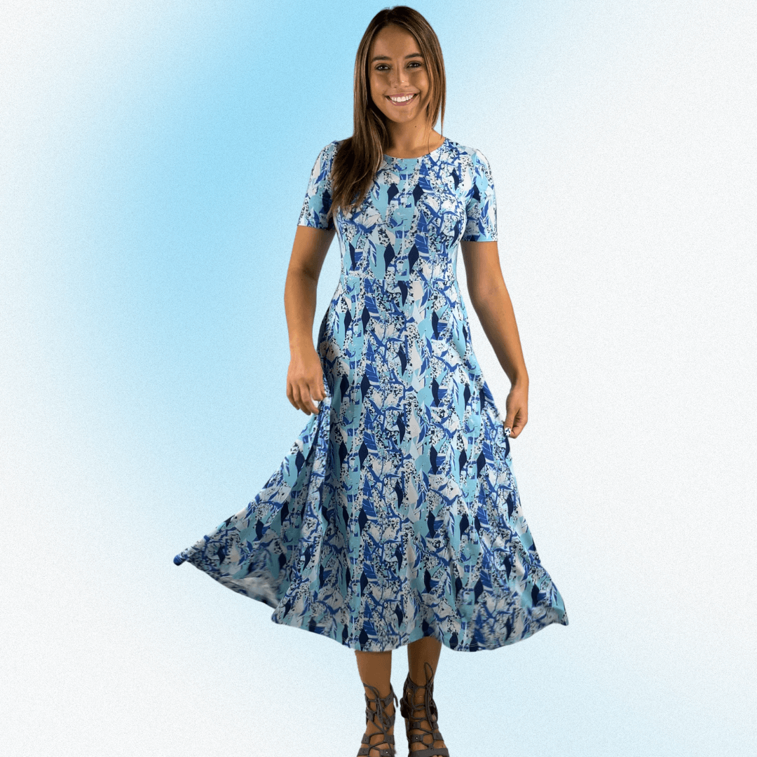 Women's Geometric Jersey Midi Dress, Short Sleeves, Round Neckline, Lightweight, A-Line Shades of Blue and White | Classy Cozy Cool Made in America Boutique