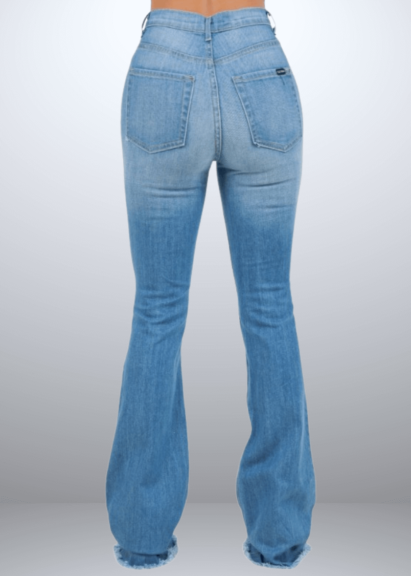 Made in USA - Introducing the Women's  Distressed Denim Bootcut Mid-Rise Jeans! Made from premium Cotton Denim, durability and comfort.  34" Inseam.