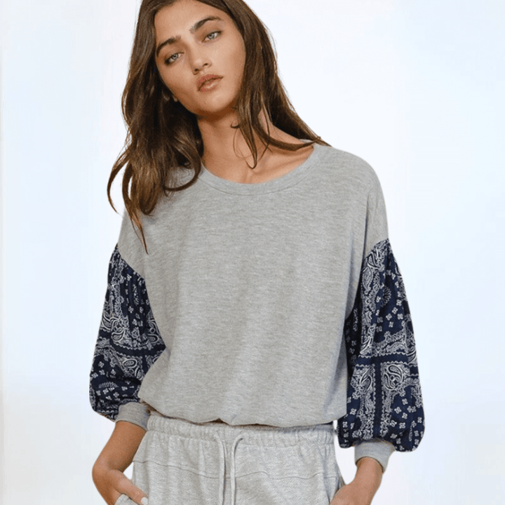 Made in USA Women's Color Block Cropped Sweatshirt 3/4 Balloon Sleeves, Elastic Bottom, Banded Cuff, Cropped Length in Grey with Navy Paisley | Bucket List Clothing Style T1102