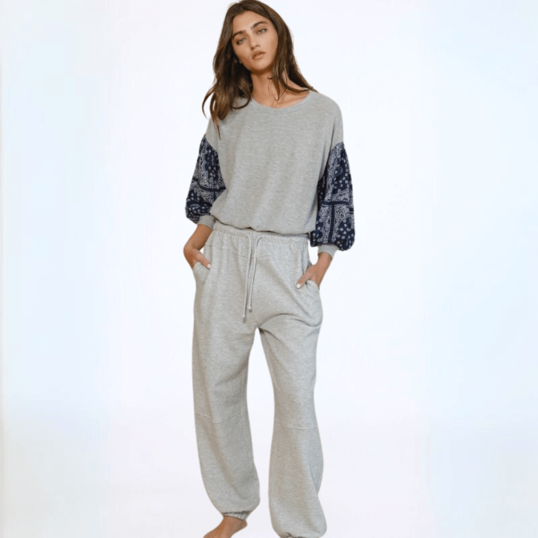 Made in USA Women's Color Block Cropped Sweatshirt 3/4 Balloon Sleeves, Elastic Bottom, Banded Cuff, Cropped Length in Grey with Navy Paisley | Bucket List Clothing Style T1102