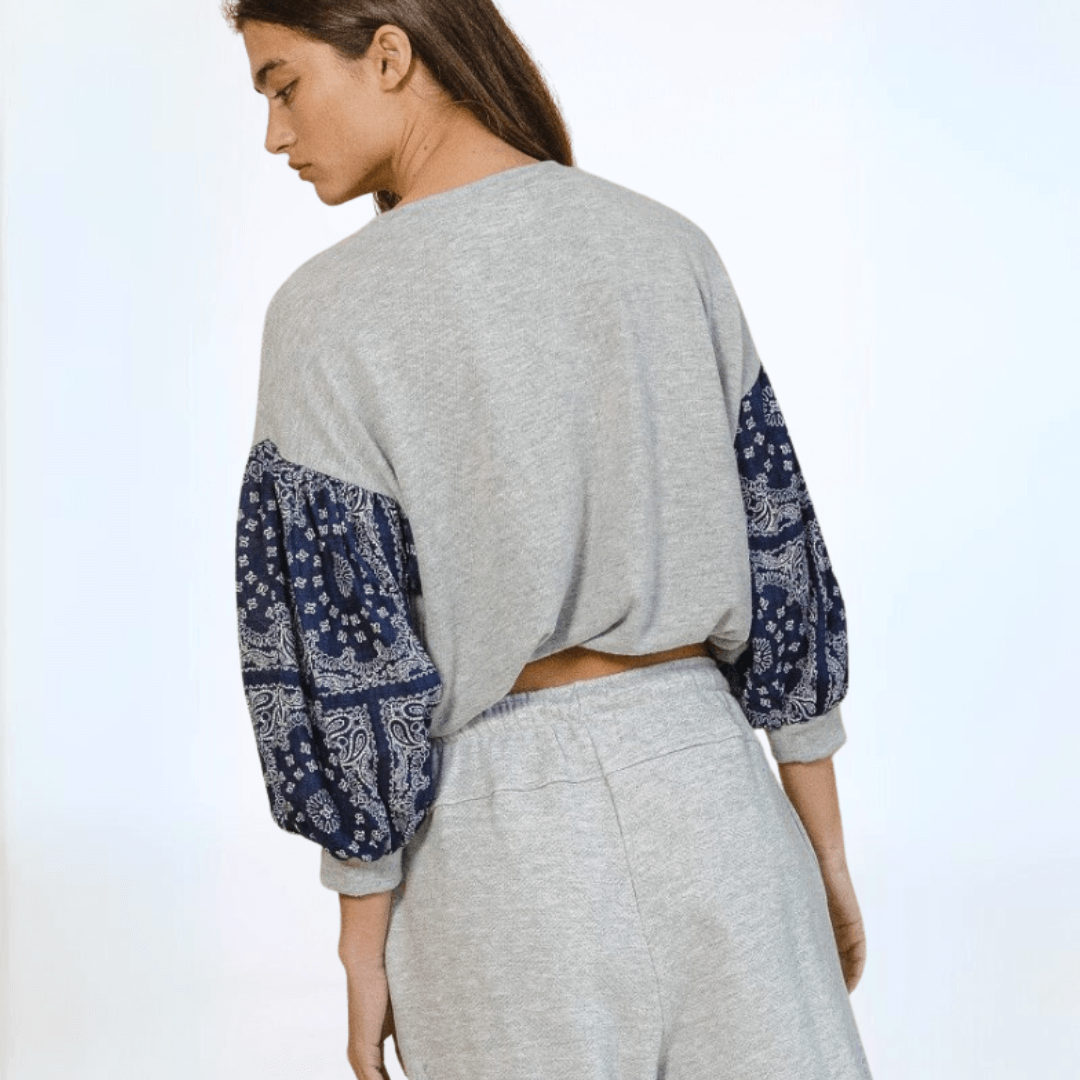 Made in USA Women's Color Block Cropped Sweatshirt 3/4 Balloon Sleeves, Elastic Bottom, Banded Cuff, Cropped Length in Grey with Navy Paisley | Bucket List Clothing Style T1102