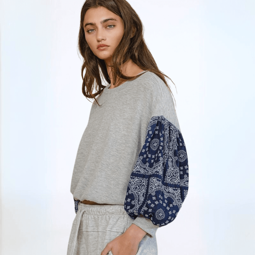 Made in USA Women's Color Block Cropped Sweatshirt 3/4 Balloon Sleeves, Elastic Bottom, Banded Cuff, Cropped Length in Grey with Navy Paisley | Bucket List Clothing Style T1102