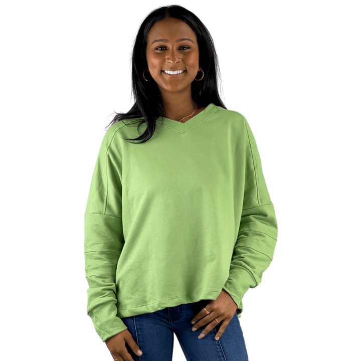 Bucket List Style T2211 | USA Made Ladies Mint Green Oversized Slouchy Soft & Cozy Sweatshirt with V-Neck | Classy Cozy Cool Women's American Boutique