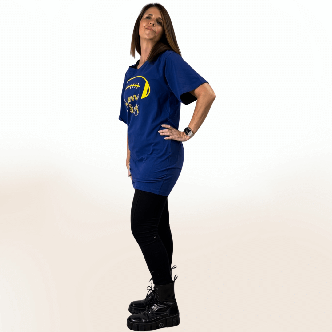 Made in USA Women's Tie Side Game Day Tunic for Football Season! Graphic Game Day Football Print Cute as a Tunic or Mini Dress Available in Royal Blue and Red | Classy Cozy Cool Made in America Boutique