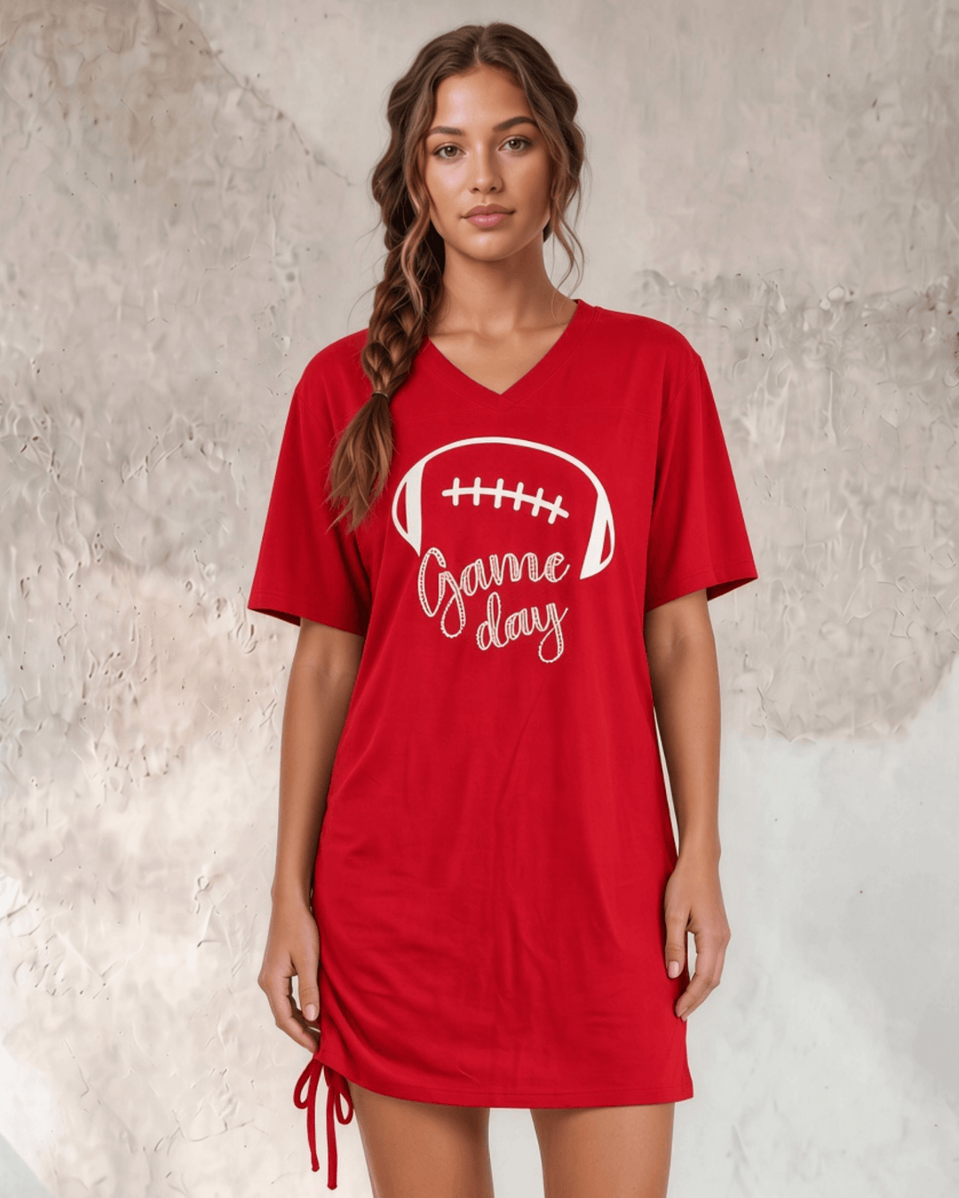 Made in USA Women's Tie Side Game Day Tunic for Football Season! Graphic Game Day Football Print Cute as a Tunic or Mini Dress Available in Royal Blue and Red | Classy Cozy Cool Made in America Boutique