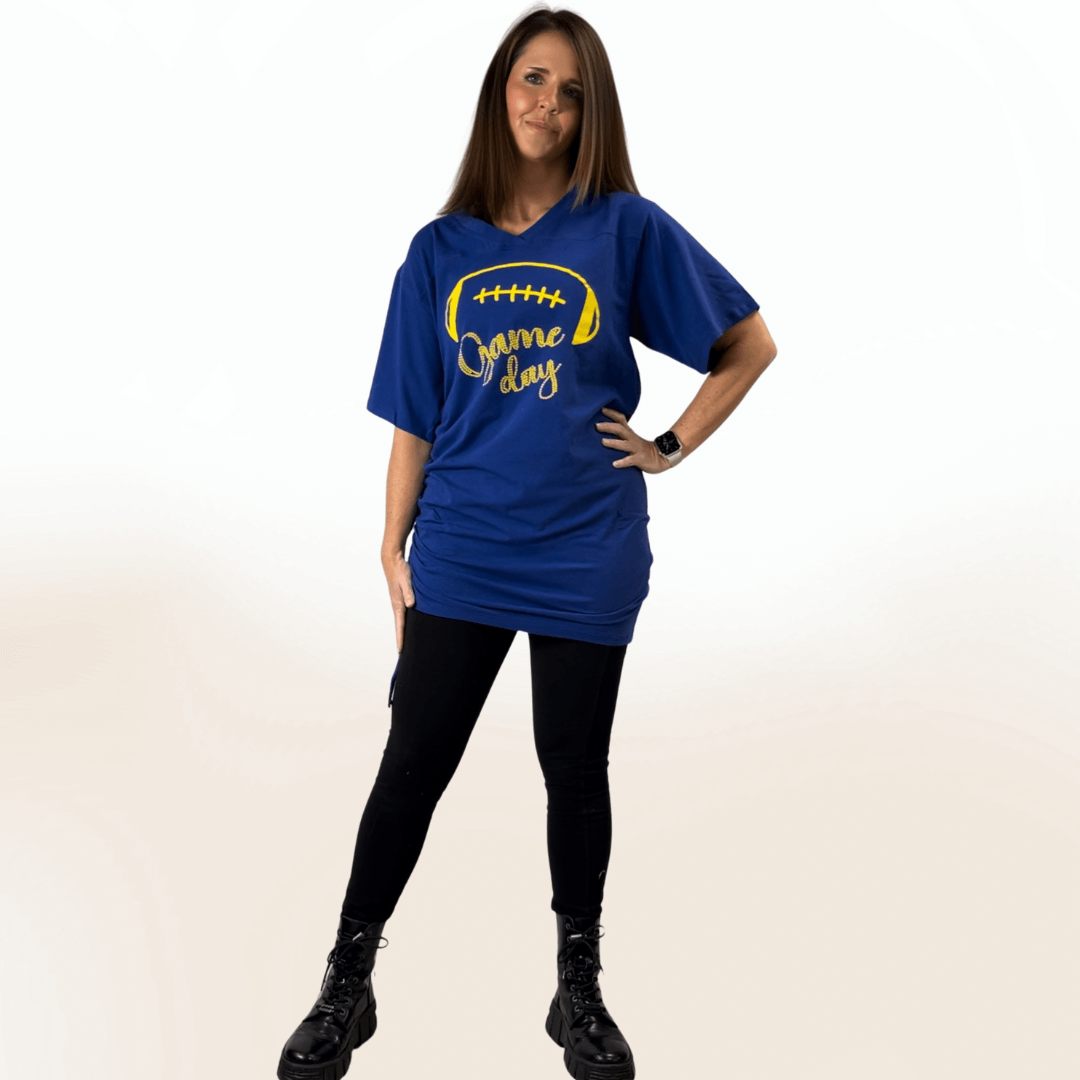 Made in USA Women's Tie Side Game Day Tunic for Football Season! Graphic Game Day Football Print Cute as a Tunic or Mini Dress Available in Royal Blue and Red | Classy Cozy Cool Made in America Boutique