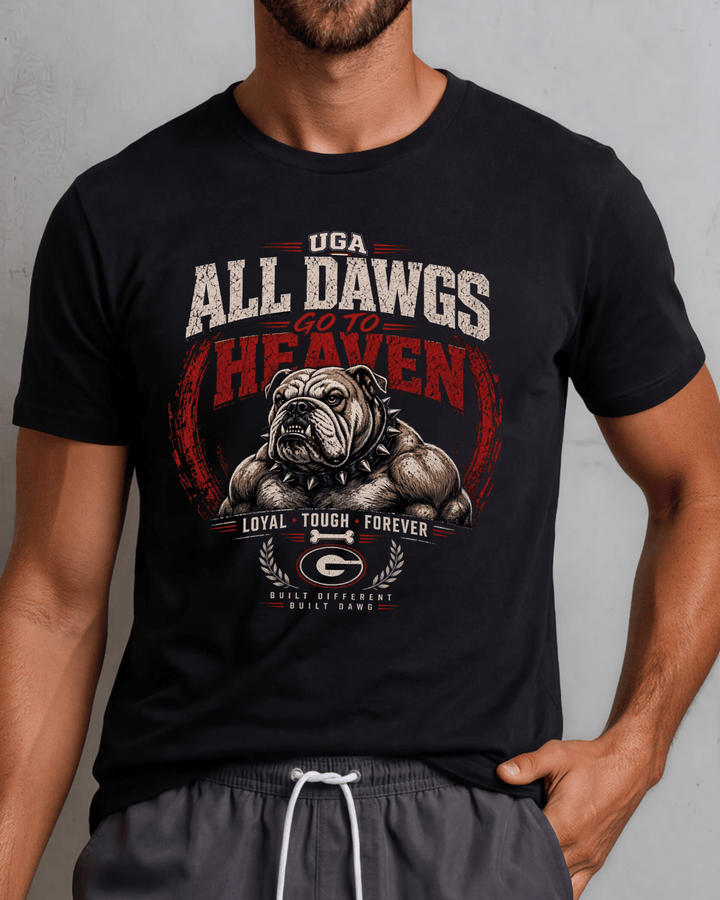 UGA Bulldogs All Dawgs Go To Heaven graphic tee, made in USA with 100% USA-grown cotton. Black crew neck, semi-fitted. Sizes S–3XL.