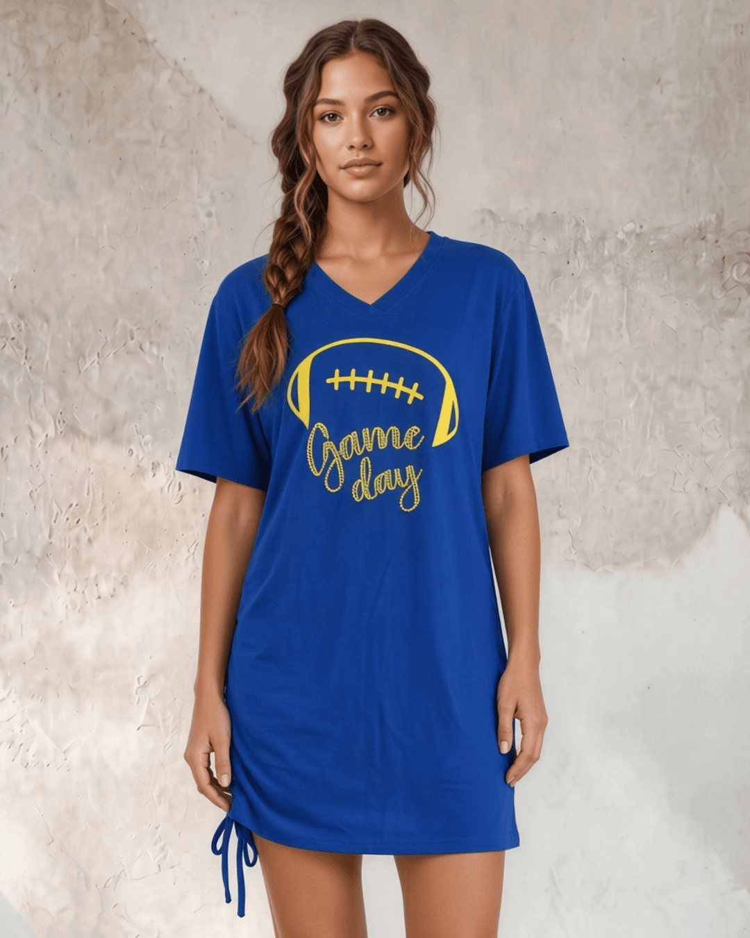 Made in USA Women's Tie Side Game Day Tunic for Football Season! Graphic Game Day Football Print Cute as a Tunic or Mini Dress Available in Royal Blue and Red | Classy Cozy Cool Made in America Boutique