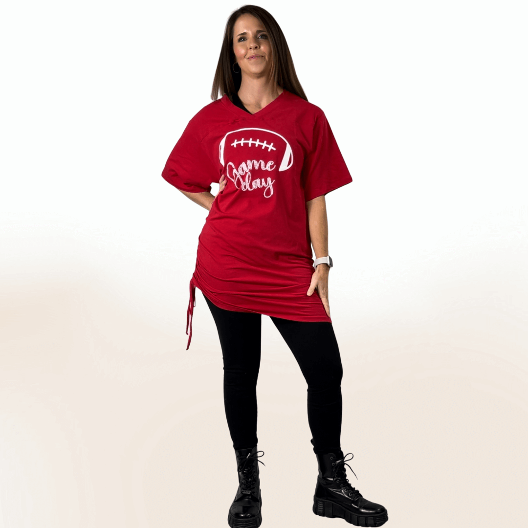 Made in USA Women's Tie Side Game Day Tunic for Football Season! Graphic Game Day Football Print Cute as a Tunic or Mini Dress Available in Royal Blue and Red | Classy Cozy Cool Made in America Boutique