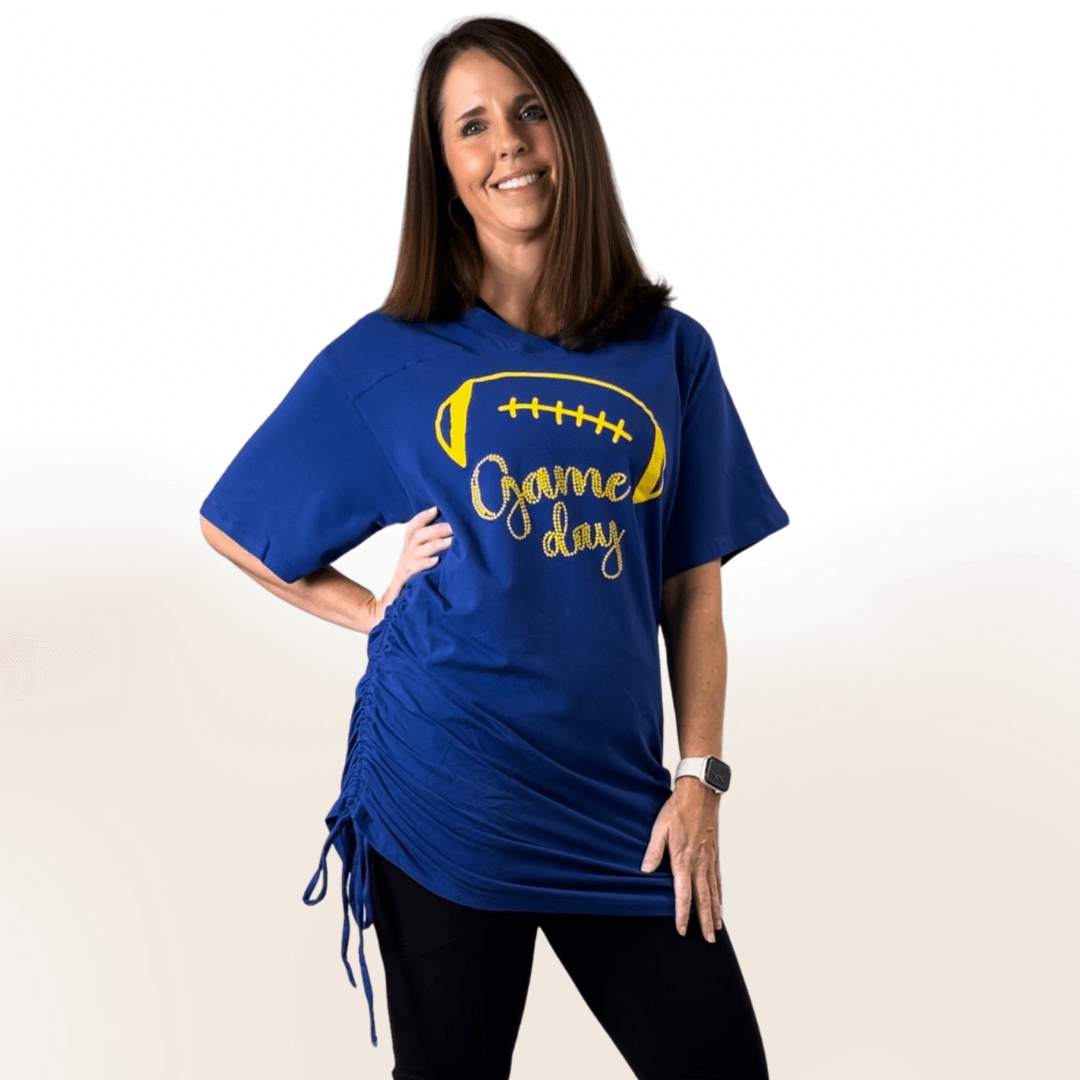 Made in USA Women's Tie Side Game Day Tunic for Football Season! Graphic Game Day Football Print Cute as a Tunic or Mini Dress Available in Royal Blue and Red | Classy Cozy Cool Made in America Boutique