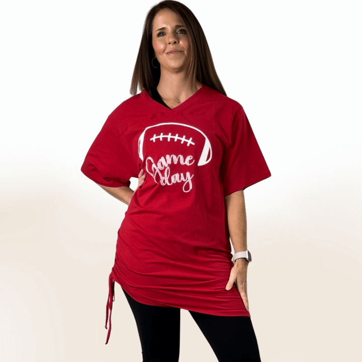 Made in USA Women's Tie Side Game Day Tunic for Football Season! Graphic Game Day Football Print Cute as a Tunic or Mini Dress Available in Royal Blue and Red | Classy Cozy Cool Made in America Boutique