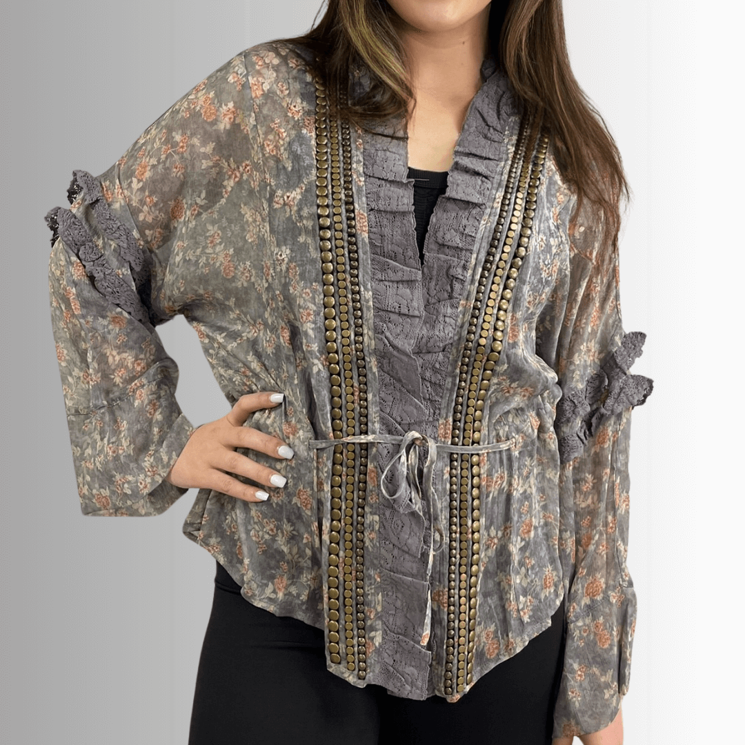 Jaded Gypsy Ladies Chiffon Floral Studded Detail Garden Romance Cardigan | Made In USA | Classy Cozy USA Made in America Boutique