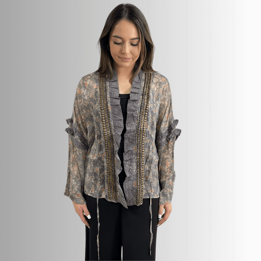 Jaded Gypsy Ladies Chiffon Floral Studded Detail Garden Romance Cardigan | Made In USA | Classy Cozy USA Made in America Boutique