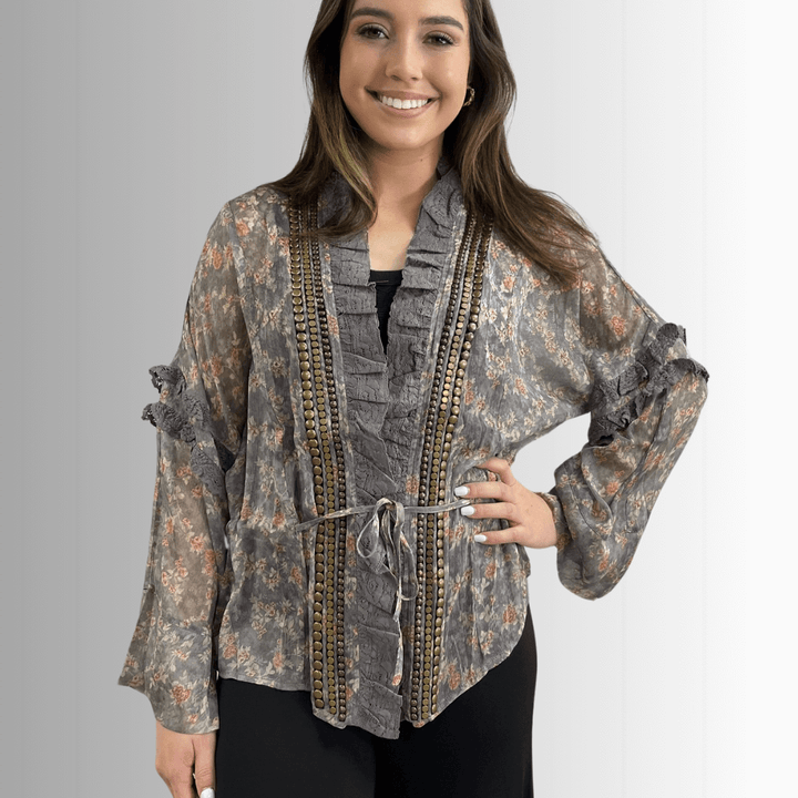 Jaded Gypsy Ladies Chiffon Floral Studded Detail Garden Romance Cardigan | Made In USA | Classy Cozy USA Made in America Boutique