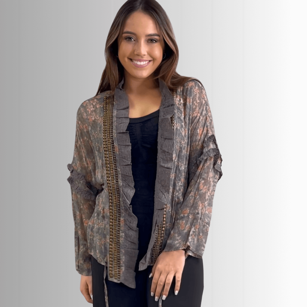 Jaded Gypsy Ladies Chiffon Floral Studded Detail Garden Romance Cardigan | Made In USA | Classy Cozy USA Made in America Boutique