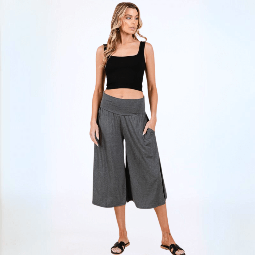 Ladies Super Soft Rayon Spandex Gaucho Pants in Dark Heather Grey | Made in USA | Classy Cozy Cool Women's Made in America Boutique