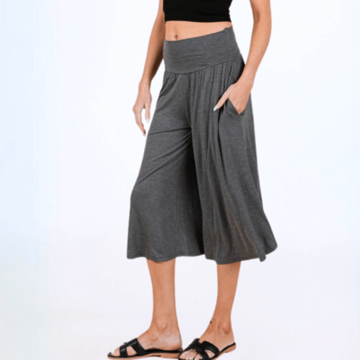 Ladies Super Soft Rayon Spandex Gaucho Pants in Dark Heather Grey | Made in USA | Classy Cozy Cool Women's Made in America Boutique