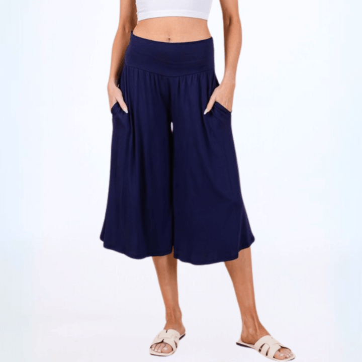 Ladies Super Soft Rayon Spandex Gaucho Pants in Navy Blue | Made in USA | Classy Cozy Cool Women's Made in America Boutique