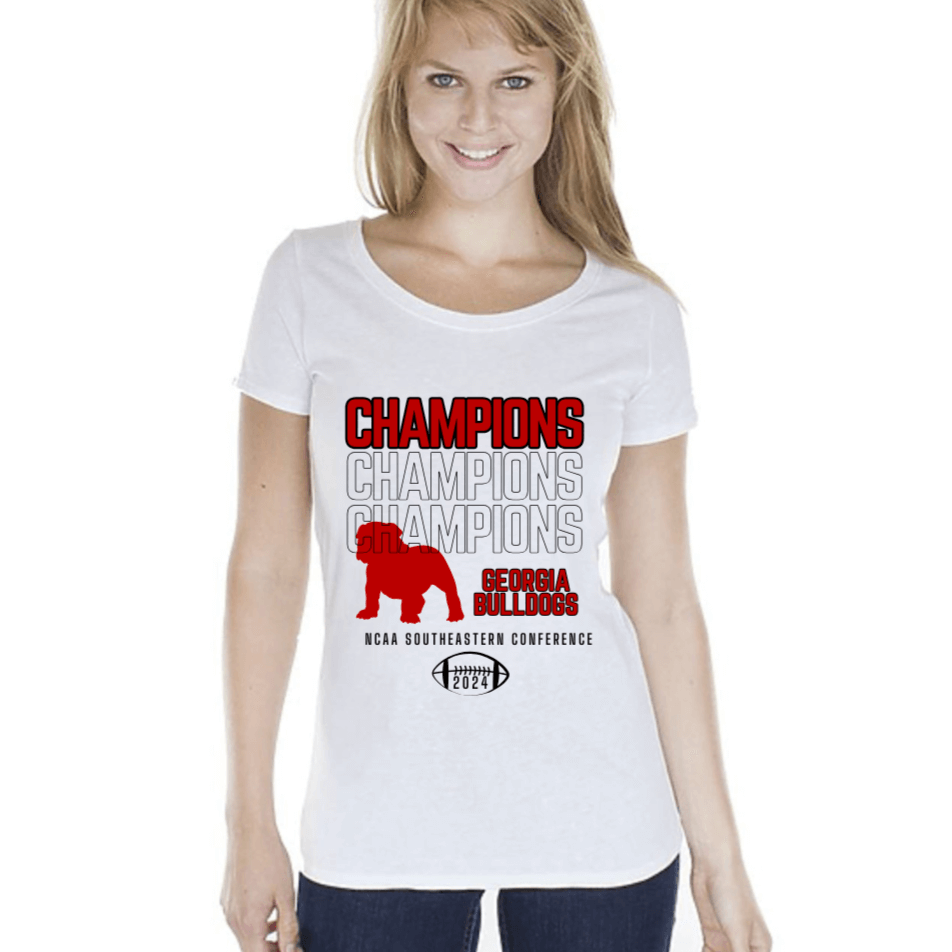 Celebrate the Georgia Bulldogs' 2024 NCAA SEC Championship with this Women's Wide Neck Tee. Made from soft, eco-friendly fabric | Made in USA