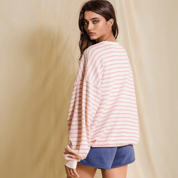 Made in USA Textured "GEORGIA" Graphic Oversized Game Day Textured Sweatshirt with Crew Neck and Long Sleeves in Pink & Cream Stripes | Bucket List Style T1770