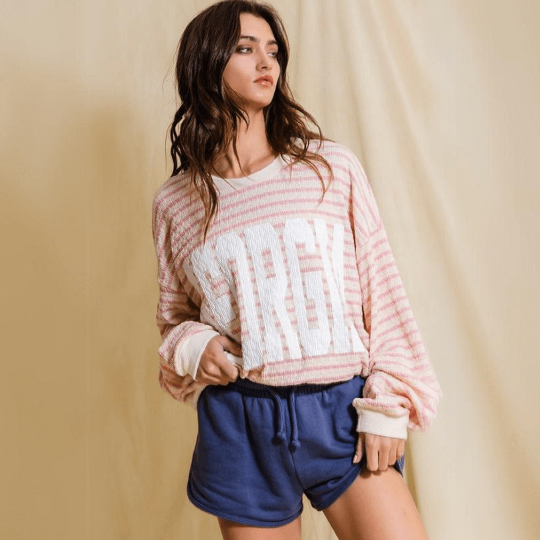Made in USA Textured "GEORGIA" Graphic Oversized Game Day Textured Sweatshirt with Crew Neck and Long Sleeves in Pink & Cream Stripes | Bucket List Style T1770