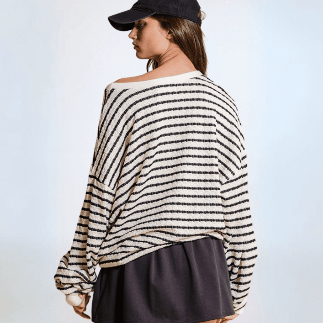 Made in USA Textured "GEORGIA" Graphic Oversized Game Day Textured Sweatshirt with Crew Neck and Long Sleeves in Black and Cream Stripes | Bucket List Style T1770