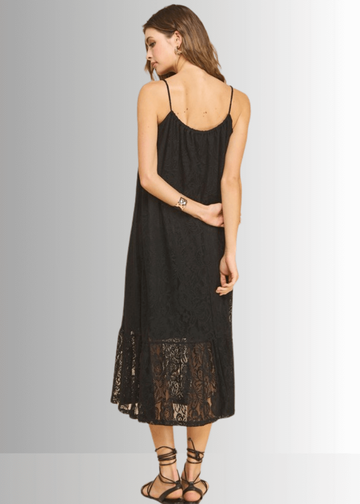 Made in USA Women's Lace Tie Front Midi Dress in Black, Lined to Knee,  Lace straps, Tiered with Flounce Ruffle Hem | Classy Cozy Cool Made in America Boutique