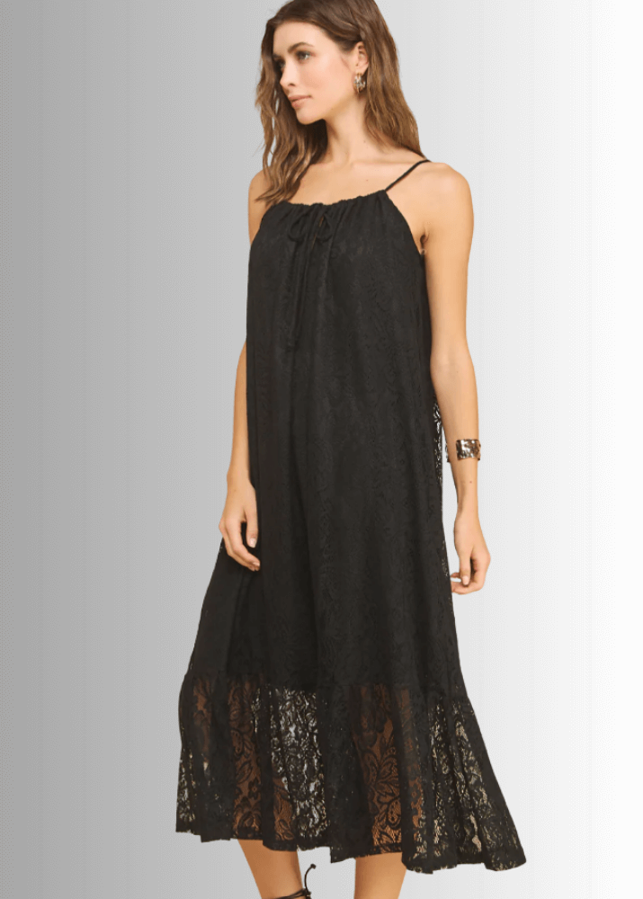 Made in USA Women's Lace Tie Front Midi Dress in Black, Lined to Knee,  Lace straps, Tiered with Flounce Ruffle Hem | Classy Cozy Cool Made in America Boutique