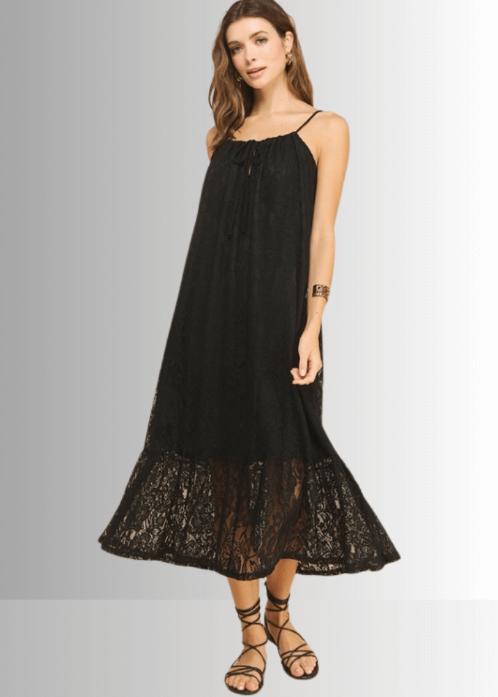 Made in USA Women's Lace Tie Front Midi Dress in Black, Lined to Knee,  Lace straps, Tiered with Flounce Ruffle Hem | Classy Cozy Cool Made in America Boutique