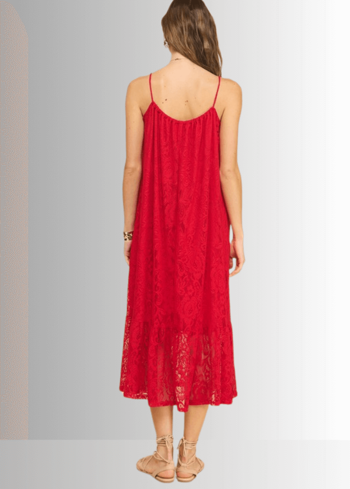 Made in USA Women's Lace Tie Front Midi Dress in Red, Lined to Knee,  Lace straps, Tiered with Flounce Ruffle Hem | Classy Cozy Cool Made in America Boutique