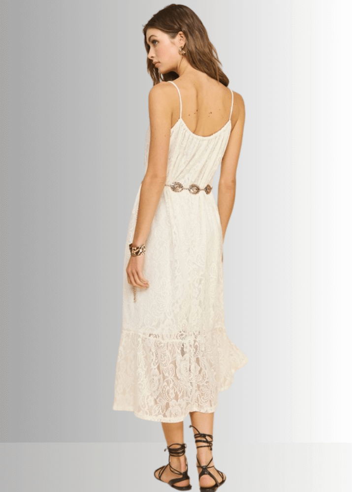 Made in USA Women's Lace Tie Front Midi Dress in Ivory, Lined to Knee,  Lace straps, Tiered with Flounce Ruffle Hem | Classy Cozy Cool Made in America Boutique