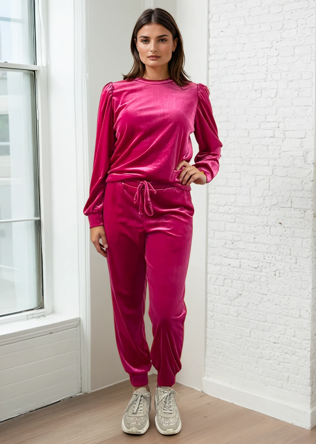 USA Made Women's Glam Velour Relaxed Fit Track Suit with Puff Sleeves in Fuchsia | Classy Cozy Cool Women's Made in USA Boutique