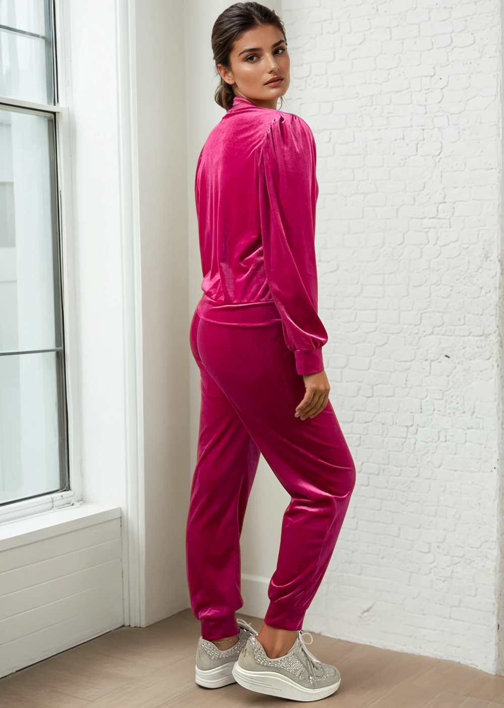 USA Made Women's Glam Velour Relaxed Fit Track Suit with Puff Sleeves in Fuchsia | Classy Cozy Cool Women's Made in USA Boutique