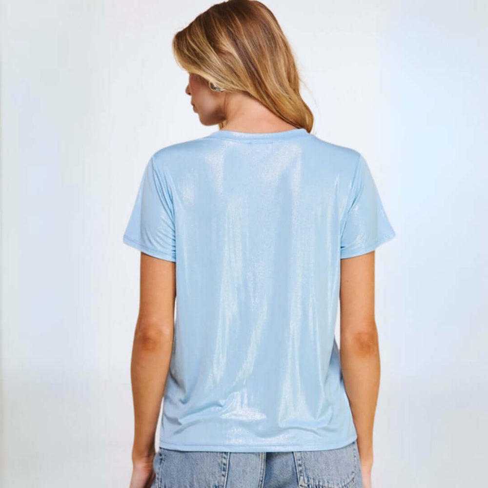 USA Made Women's Light Blue Glitter Crew Neck T-Shirt | Classy Cozy Cool Made in America Clothing Boutique