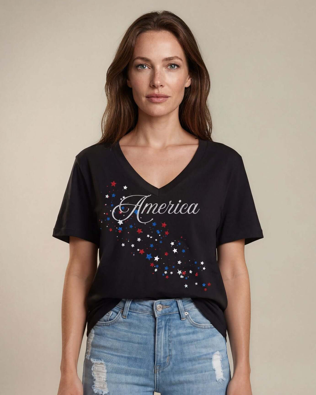 Glitter America script with cascading red, white &amp; blue stars on a black V-neck tee. 100% cotton, USA-milled fabric, made in USA. Perfect for 4th of July.